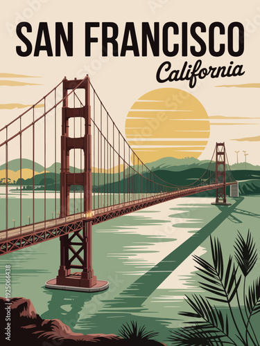 Vibrant retro illustration of a grand suspension bridge at scenic sunset vista