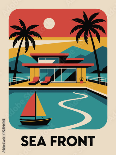Retro Sea Front illustration, mid-century modern aesthetic with bold colors wall art