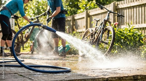 Friends washing mountain bikes outdoors after an adventure