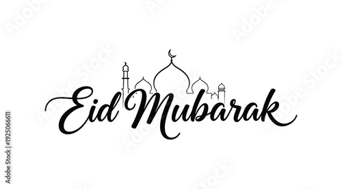 Eid mubarak greeting card with mosque and crescent moon isolated on white background for muslim holiday