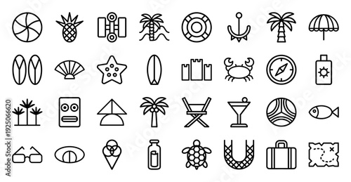 Tropical summer vacation and beach tourism monoline icons for travel planning. Minimalist geometric pictograms featuring island life, marine adventure, and resort leisure elements.