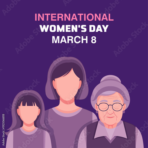 March 8 is International Women's Day. Three-woman templates, vectors, banners, posters, cards, logos, silhouettes, illustrations, and designs for greeting cards, flyers, websites, and social media