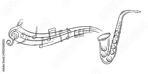 Saxophone and musical notes grunge style. Treble clef on sheet music. Musical note icons.