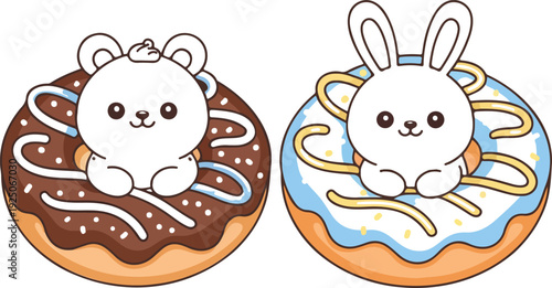 Cute cartoon Easter bunny with chocolate eggs and happy smile