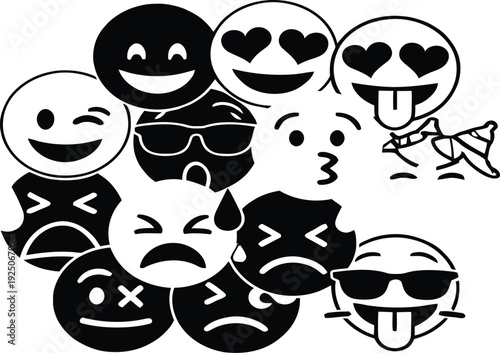 Emoticon face icon set. Includes 11 emoticons. Created in line style with black and white palette.