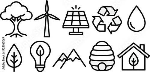 Eco friendly icon set. Includes tree, wind turbine, solar panel, recycling, water droplet, leaf, mountains, light bulb, beehive, house icons. Created in line style with black and white palette