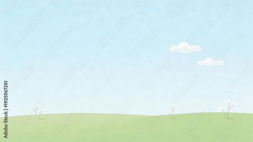 Fototapeta premium A serene landscape illustration featuring green hills, white flowers, and a clear blue sky with soft clouds. Perfect for nature-themed backgrounds or tranquil scenes.