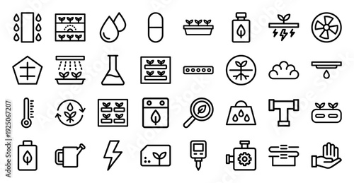 Smart farming and automated hydroponic system elements for sustainable agriculture. Technical monoline pictograms for indoor vertical gardening and crop monitoring.
