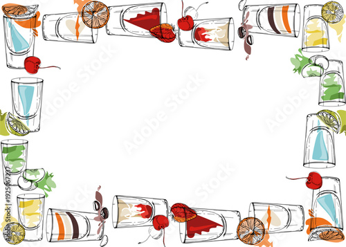 B-52, Lemon drop, Appletini, Kamikaze shots. Bright multicolor frame with layered drinks and minimal ink outlines. Hand drawn vector for promotional headers, recipe pages layouts, themed stationery.