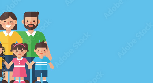 A cartoon family standing together happily.