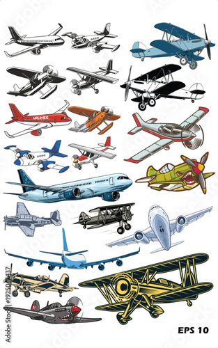 Aircraft Collection Vector Set. Vintage Biplanes, Modern Commercial Airliners, and Private Propeller Planes in Detailed Illustration Style