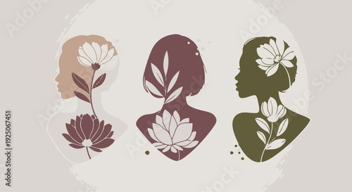 women day Three female silhouettes with floral patterns in a minimalist modern vector illustration for wellness branding