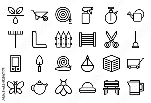 Gardening and landscaping equipment icons featuring sustainable horticulture tools and backyard maintenance elements. Professional monoline pictograms for botanical and urban farming projects.