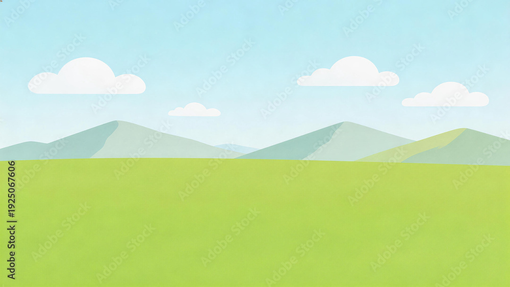Fototapeta premium Abstract minimalist landscape illustration with green fields, distant mountains, white clouds, and a light blue sky, conveying a serene and peaceful outdoor scene.