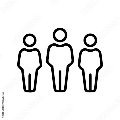 Three people icon representing group of people team members and community in simple outline style vector graphic