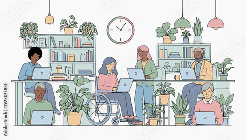 Diverse team collaborates in modern office with laptops