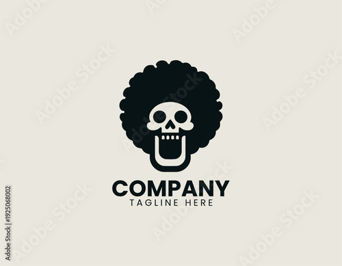 Stylized skull with large open mouth and afro hairstyle is presented as bold monochrome vector logo