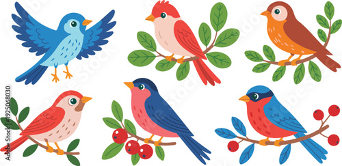 Cute cartoon birds on a branch vector illustration set