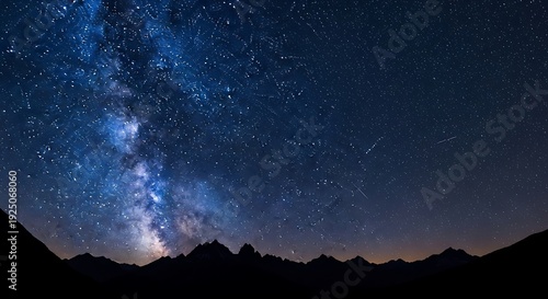 Astrophotography captures the brilliant glowing core of the milky way galaxy over dark mountain silhouettes