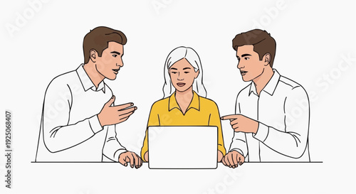 Team collaborating on laptop project together