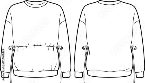 Flat sketch of drawstring waist sweatshirt with ribbed cuffs, crew neck, long sleeves, front and back view fashion illustration