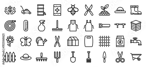 Gardening and sustainable agriculture monoline pictograms for backyard landscaping, organic farming, and urban horticulture maintenance projects.
