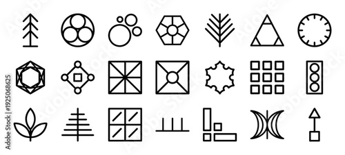 Abstract geometric monoline pictograms for technical diagrams and branding. Minimalist linear symbols featuring nature, structure, and measurement concepts.