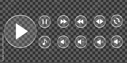 Liquid glass effect Modern UI Design Elements for Media Player Icons with Play, Pause, Volume, and Music Controls for UI/UX Video and Audio Design