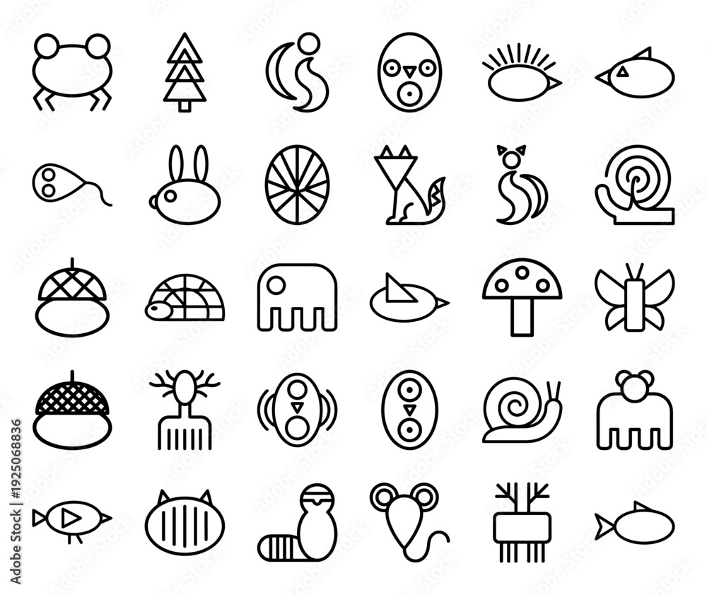 Fototapeta premium Abstract nature and wildlife pictograms in a chunky geometric monoline style. Minimalist organic elements for environmental branding and children's educational graphics.