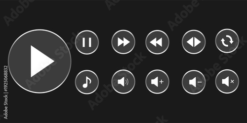 Liquid glass effect Modern UI Design Elements for Media Player Icons with Play, Pause, Volume, and Music Controls for UI/UX Video and Audio Design