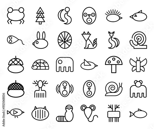 Abstract nature and wildlife pictograms in a chunky geometric monoline style. Minimalist organic elements for environmental branding and children's educational graphics.