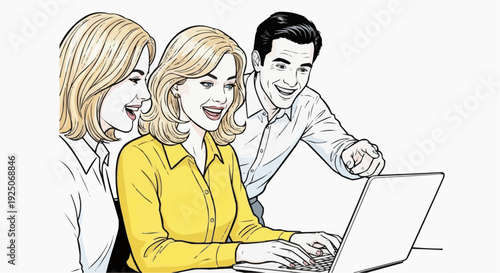 Team collaborating on laptop with smiles