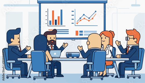 Business team discussing data on screen in meeting room