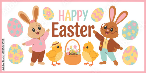 Easter Bunny with Colorful Eggs Cartoon Illustration