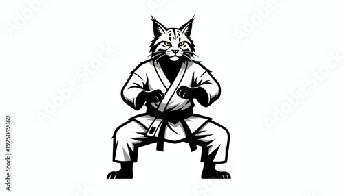 Powerful wild cat martial arts warrior in a dynamic karate stance, embodying strength and discipline, ready for action with intense focus