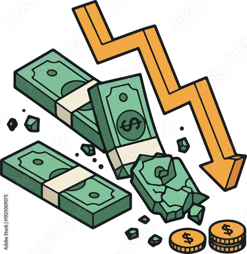 Dollar Bills Falling Downward With Orange Arrow and Coins Flat Vector