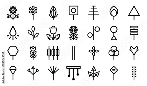 Abstract botanical monoline symbols for sustainable branding and landscape design. Modern geometric plant pictograms with minimalist line art aesthetics.