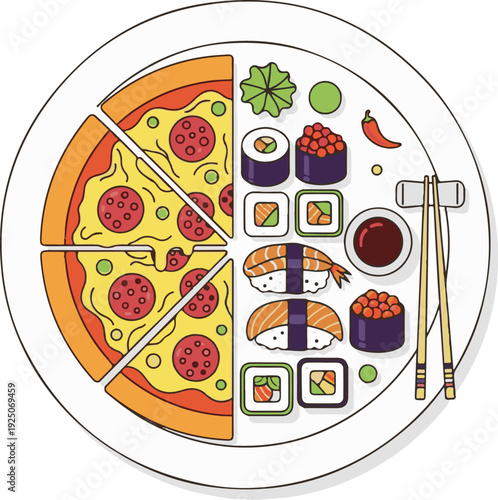 A plate of food with pizza and sushi on it