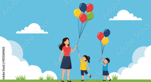 A woman and two children playing with colorful balloons on a sunny day.