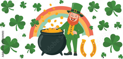 Easter bunny with eggs and flowers with St Patrick themed leprechaun hat and gold coins vector illustration