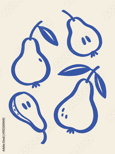 Naive pears doodle fruit set vector illustration