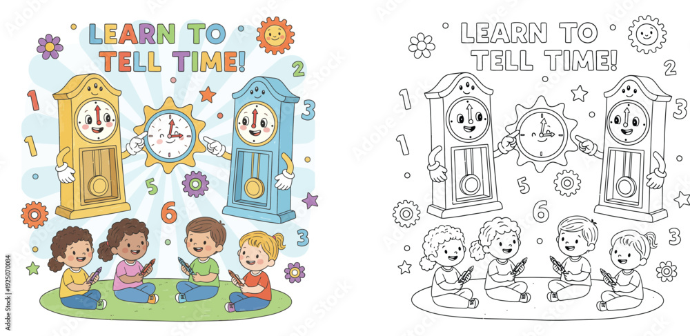 Fototapeta premium Learn to tell time educational vector illustration and black and white coloring book page for kids with cute cartoon clocks, diverse children, and numbers.