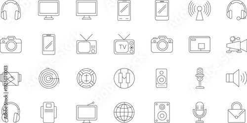 Collection of various line icons for media and communication