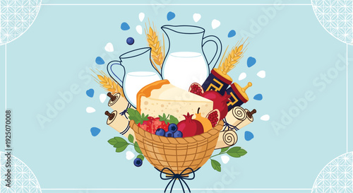 A Shavuot celebration illustration features a basket filled with fruits, milk, wheat, cheesecake, and Torah scrolls.