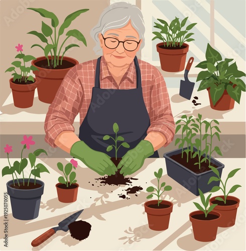 Elderly Woman Planting Flowers With Green Gloves and Apron