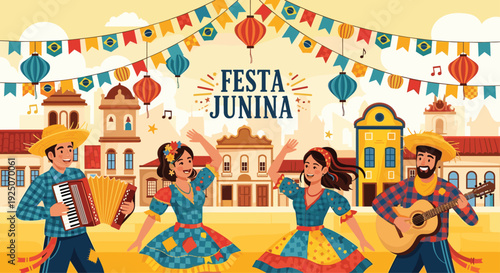 People celebrate Festa Junina, dancing and playing instruments on a street decorated with flags and lanterns.