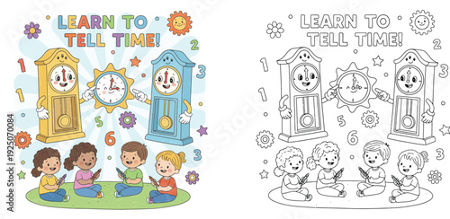 Learn to tell time educational vector illustration and black and white coloring book page for kids with cute cartoon clocks, diverse children, and numbers.
