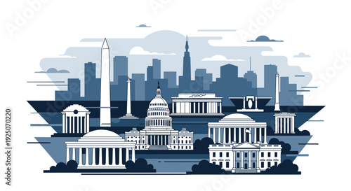 An illustration depicts the Washington D.C. skyline with iconic landmarks like the Capitol and White House in blue monochromatic tones.