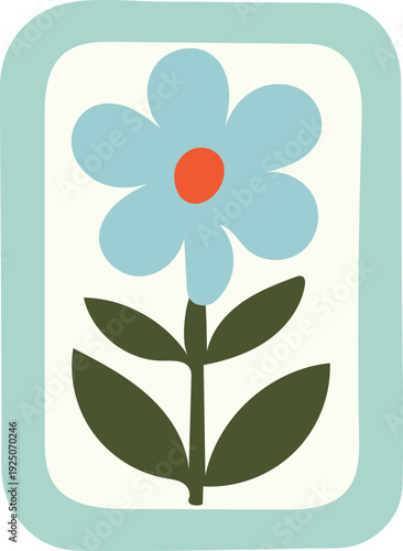 A stylized illustration of a mint green flower with red center and leaves