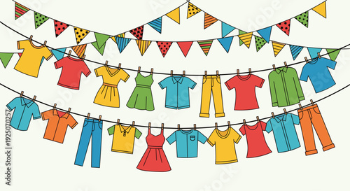 Two lines of colorful shirts, dresses, and pants hang on clotheslines with festive bunting flags above.
